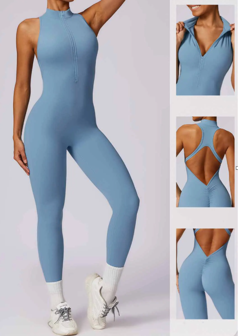 Front Zip One Piece Sleeveless Workout Bodysuit - Blue