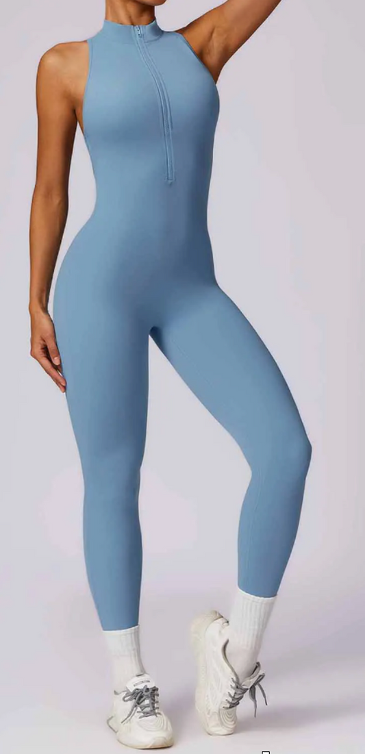 Front Zip One Piece Sleeveless Workout Bodysuit - Blue