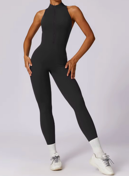 Front Zip One Piece Sleeveless Workout Bodysuit - Black