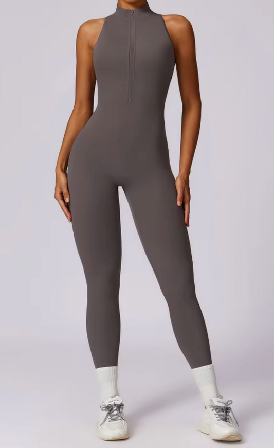 Front Zip One Piece Sleeveless Workout Bodysuit - Grey